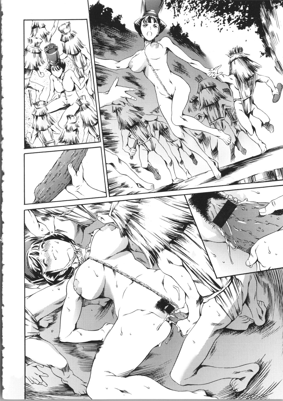 【エロ漫画】村の奇祭の儀式として男たちと乱交しまくる巨乳お姉さん…大勢に囲まれてやられ放題な彼女は次々と巨根を口や膣、アナルに挿入されては精子まみれに犯される！【まぐろ帝國：最後の祭】