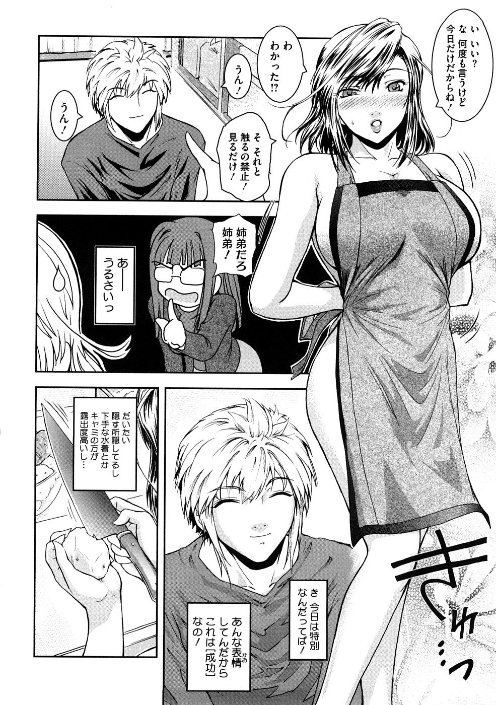 【エロ漫画】姉と同じの弟の誕生日に裸でエプロンを披露する姉。弟にパイズリフェラをしてヌイてあげると我慢できなくなった姉は生ハメ騎乗位でそのままイチャラブをしちゃう【ここのき奈緒：あねかた。２．５】