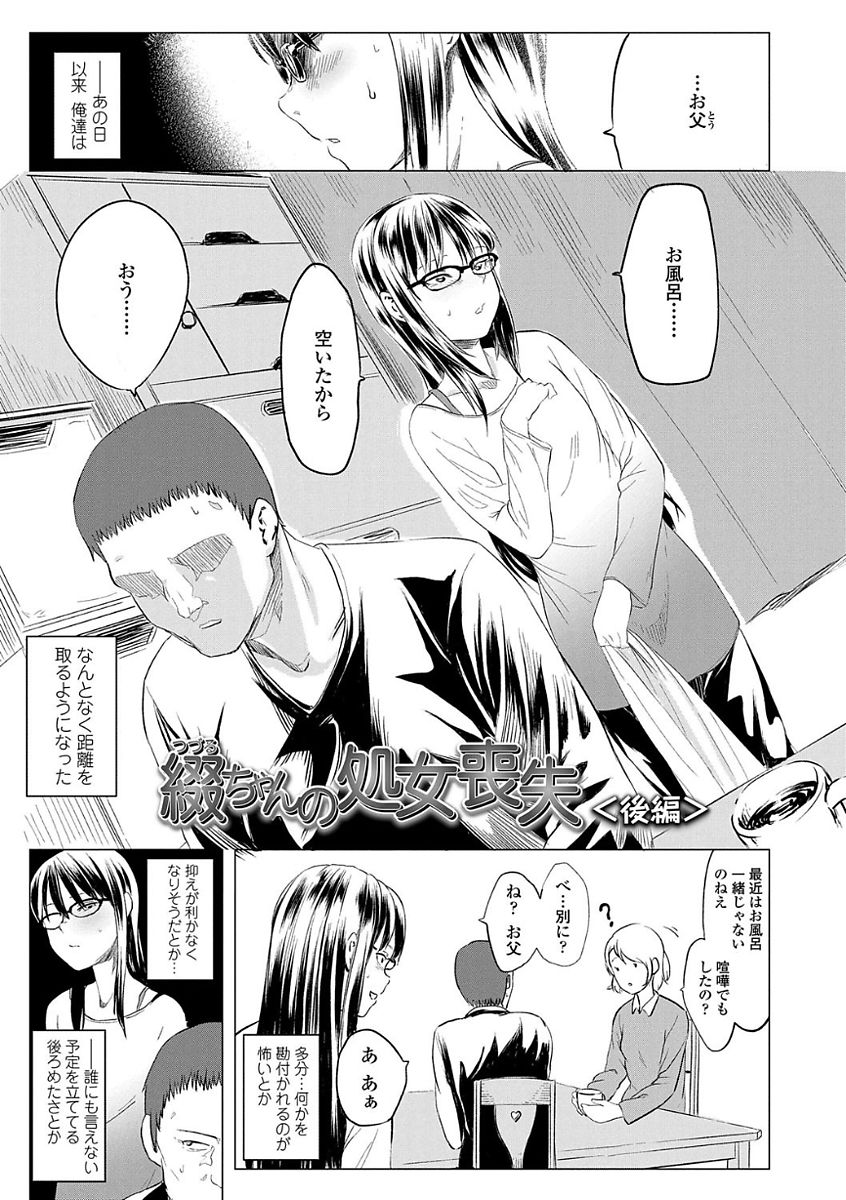 【エロ漫画】ＪＣになったのにお父さんとまだ一緒にお風呂に入っている貧乳ちっぱいで眼鏡っ子の制服ＪＣが、お父さんと一線を越えてしまったことが忘れられずにオナニーしちゃってイチャラブ父娘セックス！【堀出井靖水：綴ちゃんの処女喪失】