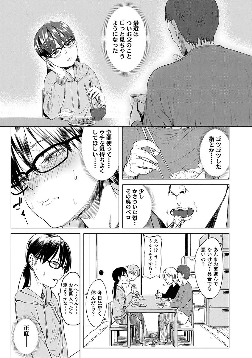 【エロ漫画】ＪＣになったのにお父さんとまだ一緒にお風呂に入っている貧乳ちっぱいで眼鏡っ子の制服ＪＣが、お父さんと一線を越えてしまったことが忘れられずにオナニーしちゃってイチャラブ父娘セックス！【堀出井靖水：綴ちゃんの処女喪失】