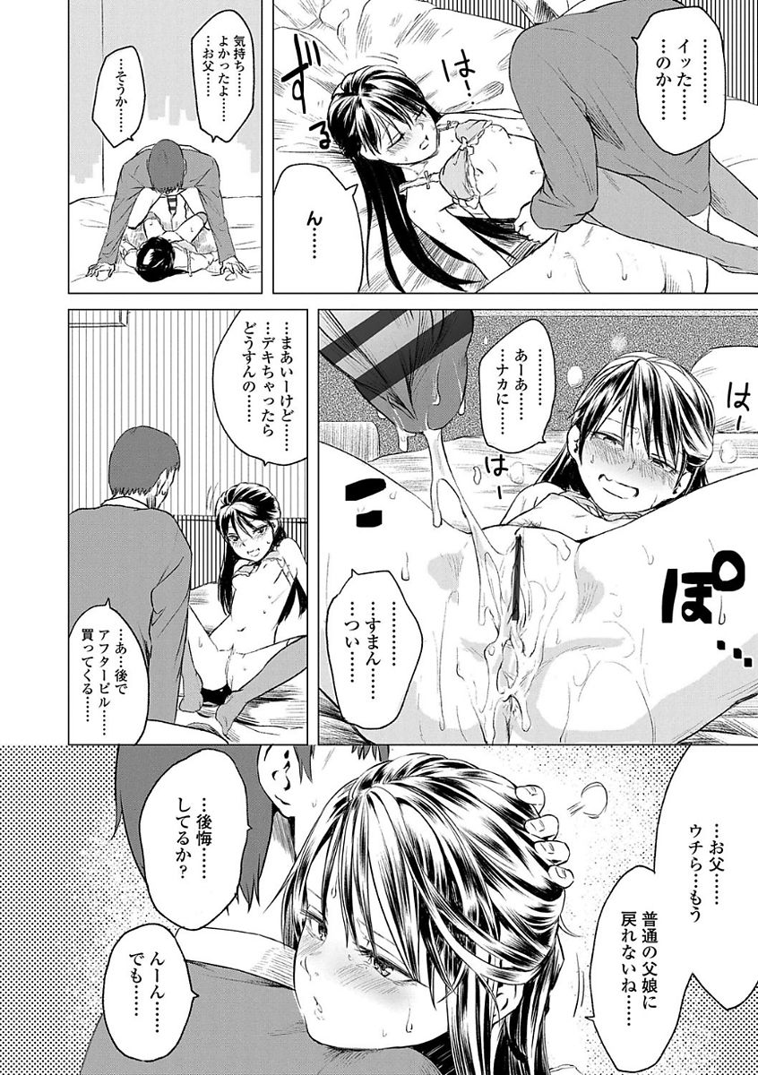 【エロ漫画】ＪＣになったのにお父さんとまだ一緒にお風呂に入っている貧乳ちっぱいで眼鏡っ子の制服ＪＣが、お父さんと一線を越えてしまったことが忘れられずにオナニーしちゃってイチャラブ父娘セックス！【堀出井靖水：綴ちゃんの処女喪失】