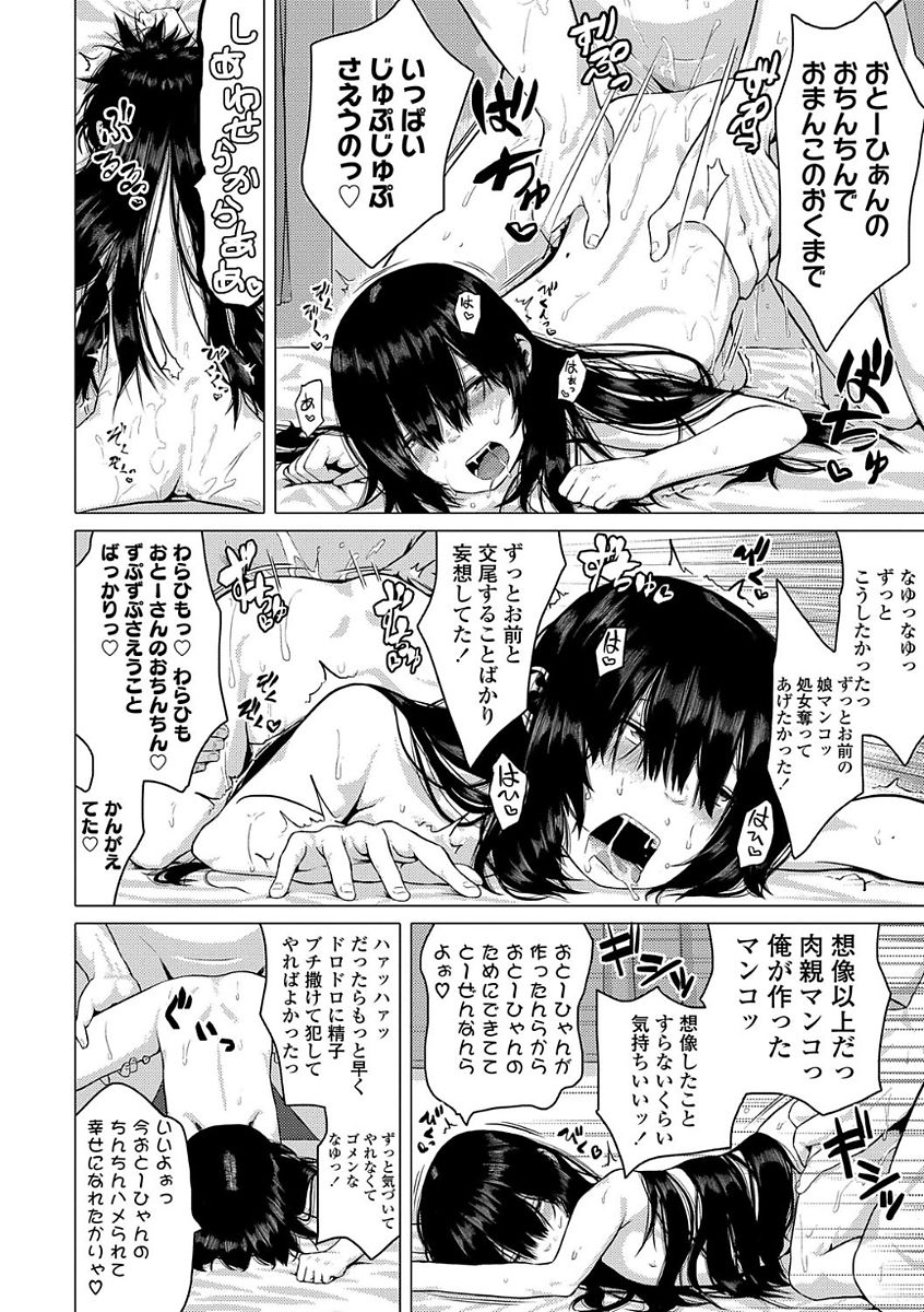 【エロ漫画】実の父に成長記録と言われ手マンで潮吹きさせられ初めてのフェラチオで口内射精、生挿入で近親相姦セックス中だしされ処女をうしなう貧乳美少女【堀出井靖水：なゆちゃんの成長記録】